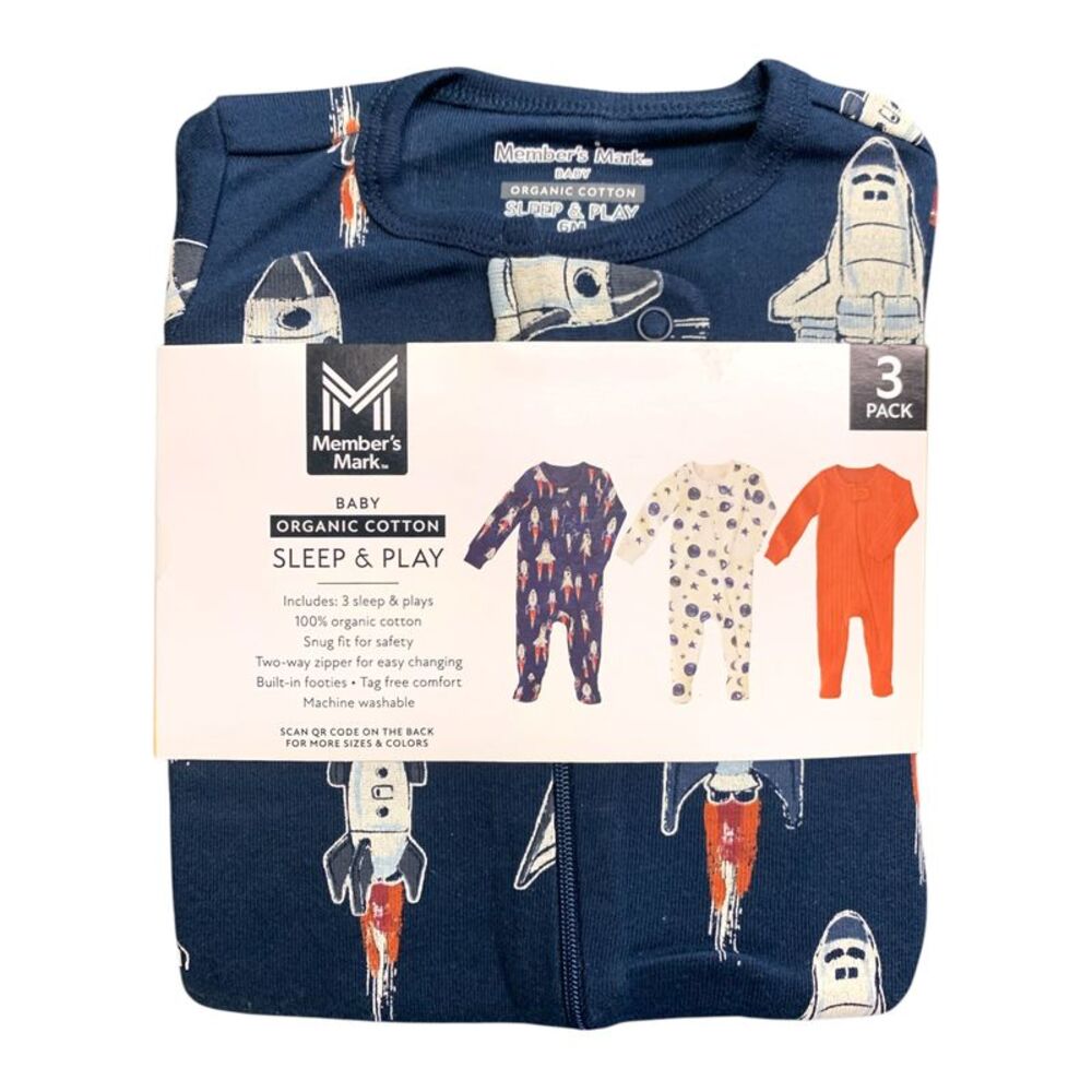 Space - Member's Mark Organic Cotton Sleep and Play 3 Pack, Snug Fit with Footie